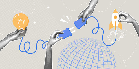 Connecting ideas for global innovation and growth. Trendy halftone collage. A businessman connects a lightbulb to a rocket. Conceptualizing the process of problem solving, new ideas, and starting a