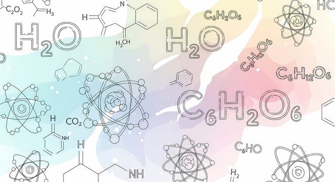 Explore chemistry with atom models and chemical formulas on watercolor