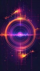Abstract digital art featuring concentric circles, radiant light flares, and a central pulsating wave on a dark background