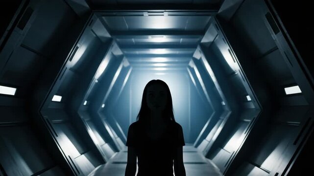 Female silhouette walking in a dark futuristic corridor toward a bright light. Cinematic composite sequence representing a journey into the unknown, mystery or space exploration