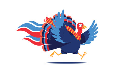 A stylized patriotic turkey running with a festive scarf and red white and blue feathers for a holiday celebration on white.
