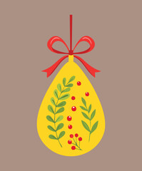 Warm Toned Decorative Yellow Egg Ornament Adorned with Red Berries and Green Leaves Vector Illustration Seasonal