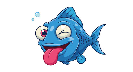 A funny and crazy cartoon blue fish character with big eyes winking and sticking its long pink tongue out on white background.