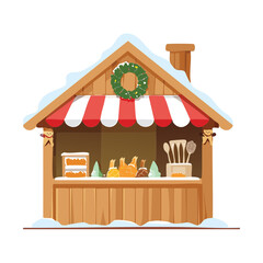 Obraz premium Festive Christmas Market Stall with Red Awning and Wooden Counter for Seasonal Commerce