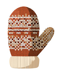 Cozy Brown Knitted Mitten with White Trim Featuring Traditional Fair Isle Pattern Design