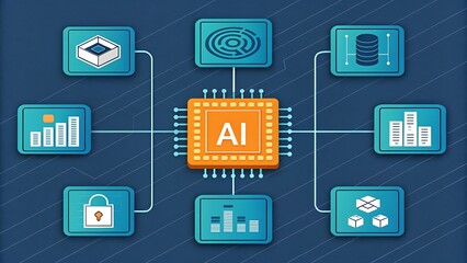 Fototapeta premium Artificial Intelligence Microchip Processor with Connected Digital Data Icons