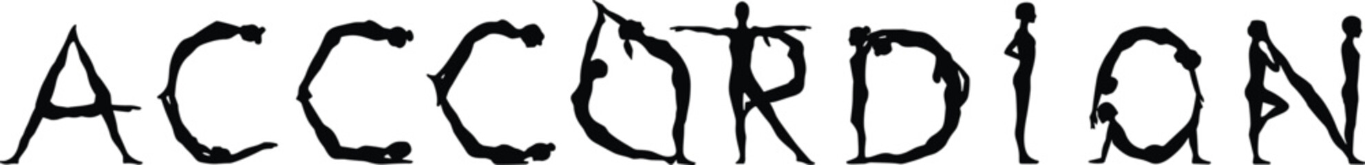 Creative typography design spelling word accordion using human body silhouettes forming letters, artistic alphabet and dance pose concept illustration © MDTanvir