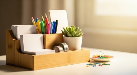 Wooden desk organizer containing stationery and a small potted plant sits bathed in warm sunlight