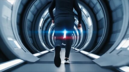 Athletic person walking down a futuristic tunnel with glowing lights. Concept of moving forward into the future. Cinematic view of a journey in a sci-fi spaceship hallway - Powered by Adobe