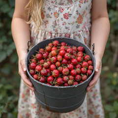 Girl holding a bucket of freshly picked rosehips