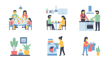 Happy Family Moments and Home Chores Vector Illustrations