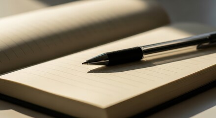 Ballpoint instrument rests upon the blank lined pages of an open notebook bathed in sunlight.