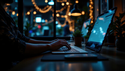 Person working late at night in modern office, hands typing on laptop, illuminated by warm string lights and desk lamp, cozy atmosphere, focus on productivity