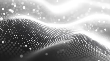 monochrome undulating field of glowing dots and soft bokeh lights forming a smooth digital wave, serene, futuristic and ethereal