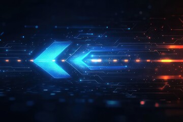 futuristic glowing blue chevrons and circuit lines with orange light trails on a dark background conveying high-speed digital data flow and dynamic motion