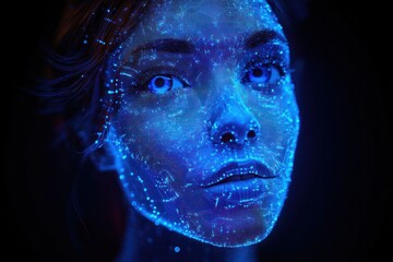 deep blue gradient rectangular panel with dark borders and swirling neon blue and red light strands at left, tiny glowing dots, mysterious calm mood