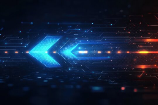 futuristic glowing blue chevrons and circuit lines with orange light trails on a dark background conveying high-speed digital data flow and dynamic motion