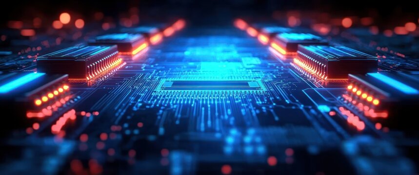 close-up glowing circuit board with microchips and neon blue and orange traces conveying futuristic high-tech energy