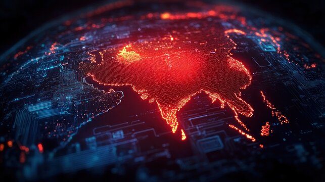 Futuristic glowing digital map of Asia formed by red illuminated data points on a dark circuit board, evoking intensity, connectivity, and technological urgency