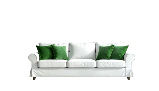 A bright white sofa with four green throw pillows against a black background