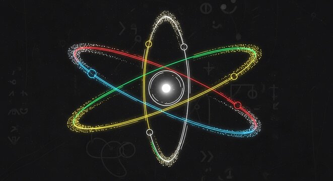 Vibrant atom model with colorful electron orbits for innovative designs