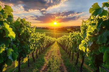 Naklejka premium Golden sunset over a lush vineyard: rows of grapevines flanking a central dirt path, dramatic clouds and sun rays casting warm, peaceful light across rolling fields