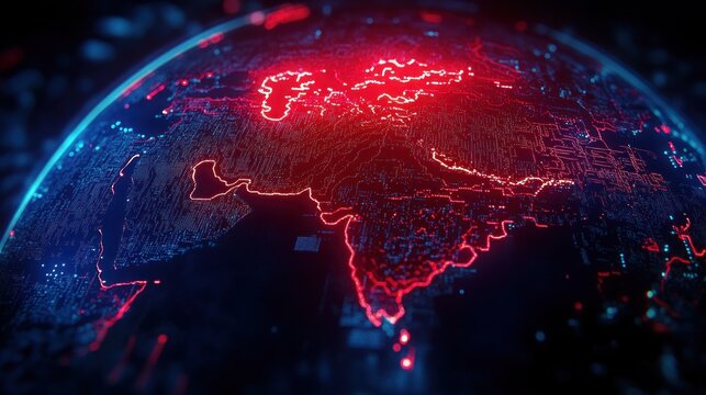 futuristic digital globe with neon red outlines highlighting india and surrounding asia, blue data points and circuit-like patterns conveying intense connected high-tech atmosphere