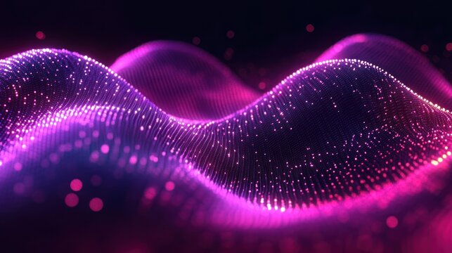 mesmerizing undulating neon waves of glowing pink and purple particles forming a luminous digital mesh, futuristic and flowing