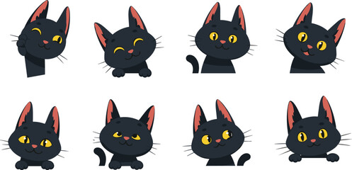 Fototapeta premium Cute black cat character expressions collection featuring adorable cartoon kitten poses, playful emotions, charming vector illustrations for animation, stickers, and design