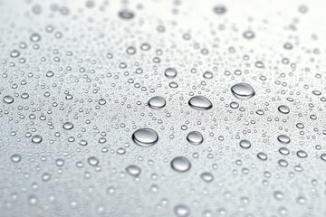 close-up of varying sized water droplets on a smooth silvery surface with reflective highlights, soft bokeh, and a calm refreshing minimalistic mood
