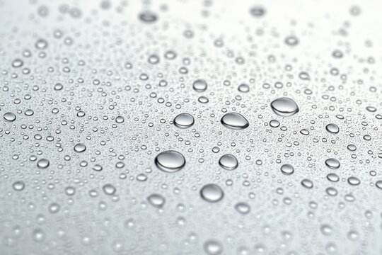 close-up of varying sized water droplets on a smooth silvery surface with reflective highlights, soft bokeh, and a calm refreshing minimalistic mood