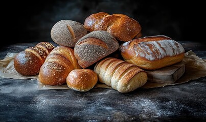 assortment of freshly baked artisanal loaves and rolls on parchment and wooden board, warm rustic and inviting mood