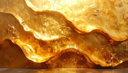 Abstract golden, wavy textured background reflects light on a glossy floor with dramatic shadows and depth