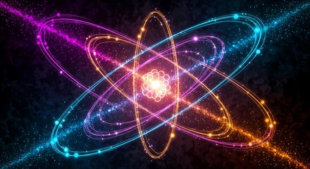 Stunning atom model displaying vibrant energy fields and glowing particles