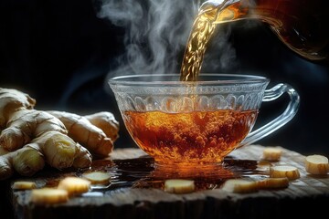 Steaming amber tea poured into a clear glass cup beside fresh ginger root and sliced ginger on a rustic wooden board, warm and comforting atmosphere