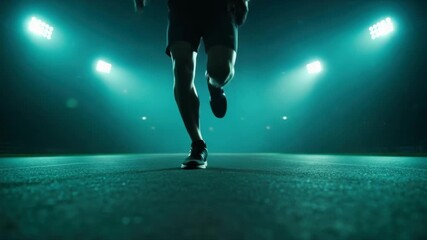 Cinematic panorama showing a runner's legs in motion on a stadium track at night. Low angle composite sequence capturing the power and determination of an athlete in training