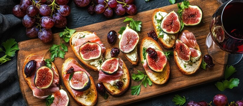 rustic wooden platter of toasted crostini topped with soft cheese, ripe fig halves, cured ham, olives and parsley, surrounded by grapes and a glass of red wine — inviting and indulgent - Powered by Adobe