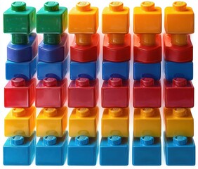 neatly stacked colorful plastic toy blocks arranged in six columns and five rows on a white background, bright playful cheerful mood
