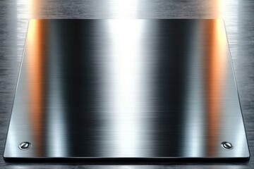 Obraz premium rectangular brushed metal plate with two countersunk screws and warm side reflections, sleek modern industrial surface