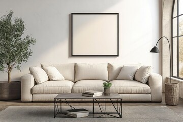 Fototapeta premium neutral living room with beige sofa and soft cushions, metal coffee table with books and small potted plant, large potted tree, arched window, floor lamp and woven basket, calm and cozy sunlight