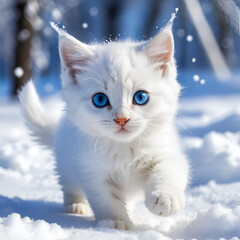 A tiny kitten, blue eyes sparkling, tumbles in pristine snow, paws flinging powder,  winter wonderland,  fun