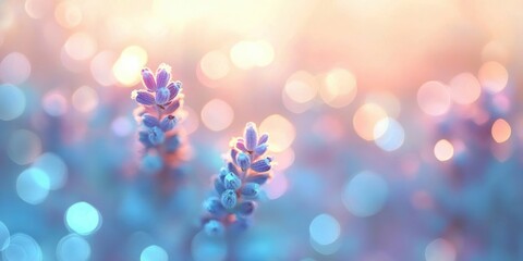 close-up of two lavender flower spikes with soft bokeh light orbs, pastel blue and pink tones and a dreamy tranquil morning glow
