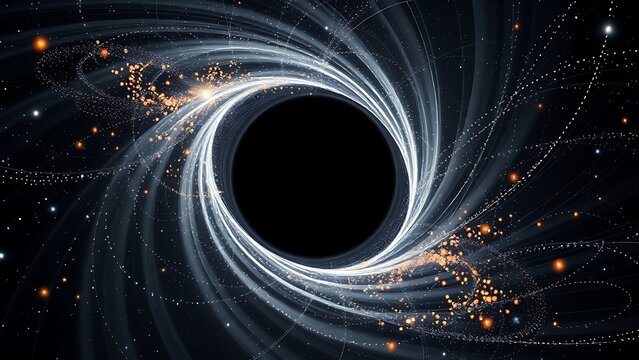 A black hole distorting space-time with quantum particles dancing harmoniously around it.