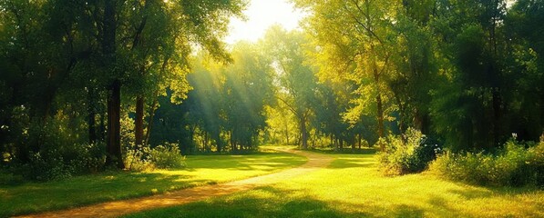 sunlit winding dirt path through a green forest clearing with tall trees and golden rays creating a peaceful, serene morning atmosphere