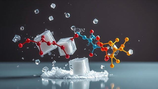 Floating sugar cubes dissolving into vibrant molecular structures, depicting metabolic balance.