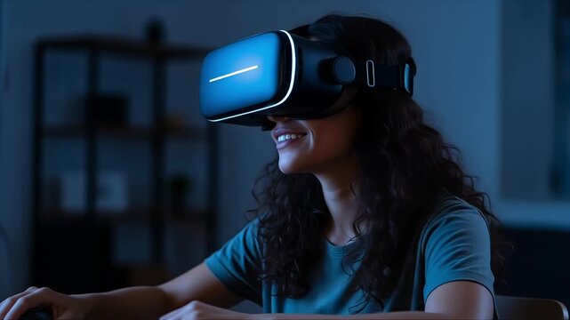 Young woman experiencing immersive VR world with modern headset, exploring digital possibilities and virtual reality adventures tonight