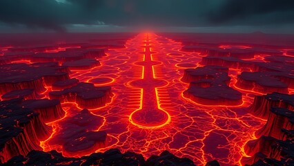 Prehistoric inferno with lava rivers forming a thermometer shape under distorted atmospheric waves.