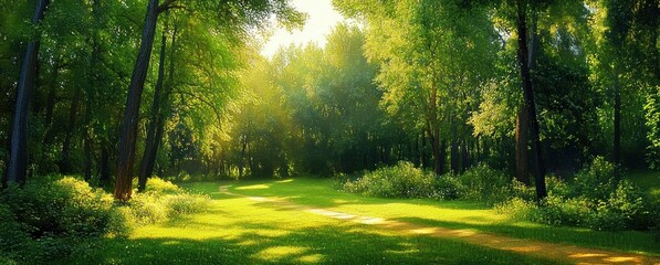 Sunlit forest clearing with grassy path and dappled sunbeams, serene tranquil morning in lush green woodland