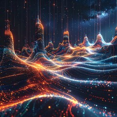 Abstract, digital landscape with wavy, glowing lines and particle lights in a dark, starry environment