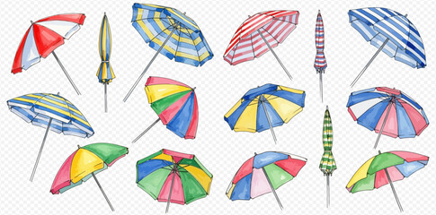 Watercolor illustration set of colorful beach umbrellas with various patterns for summer holidays. © studio